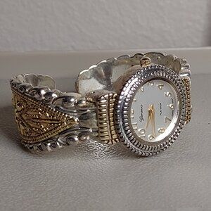 Untested Very Pretty Two Tone 6 Inch Geneva Metal Cuff Watch